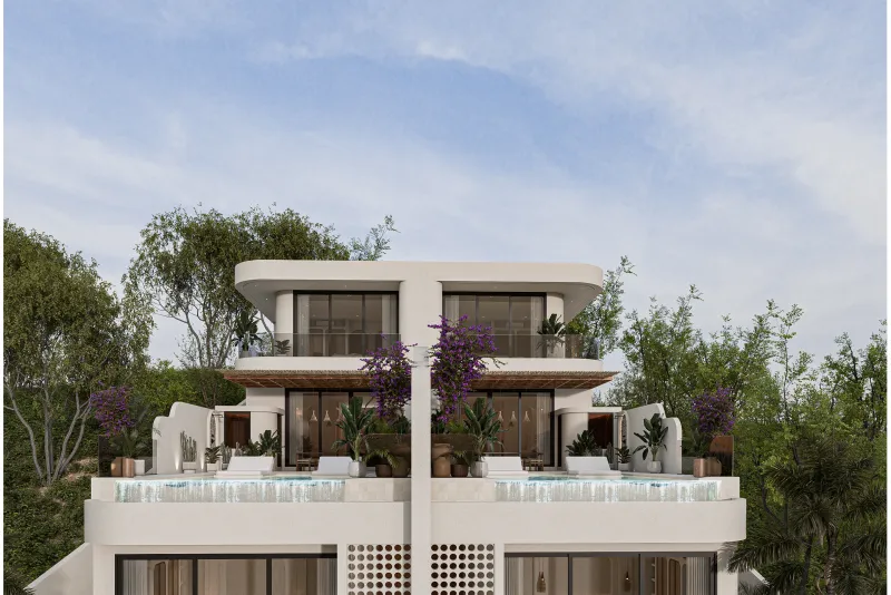Architectural render of two pool terraces separated by the central wall.