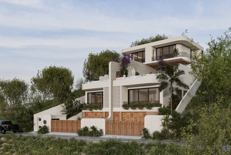 Architectural render of the villas rising above separate timber entrance gates on a sloping site.