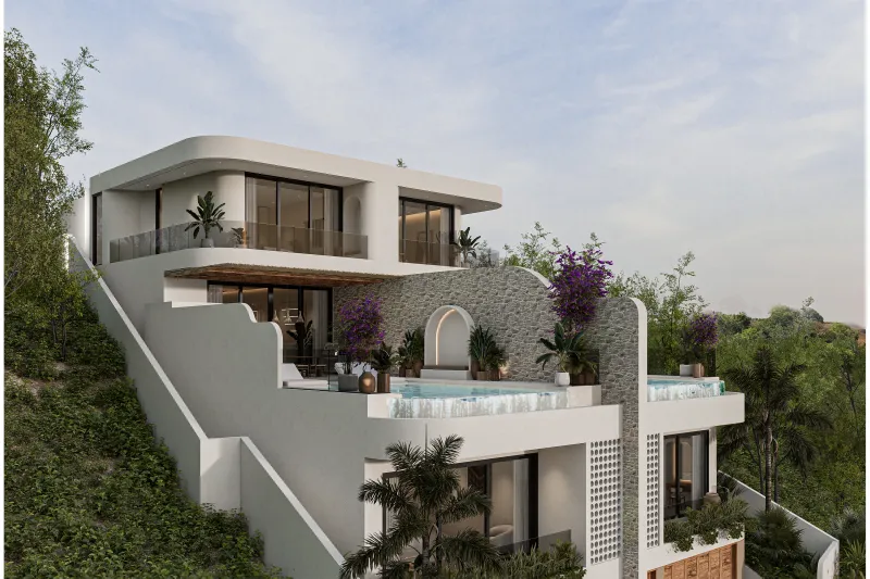 Architectural render of stacked balconies and pool terraces with the dividing wall visible.