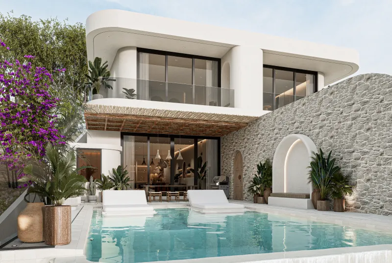 The design places pool terraces above the entrance level, with balconies and planted edges framing the upper rooms.