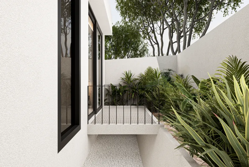Architectural render of planting beside a stairwell and external walkway.