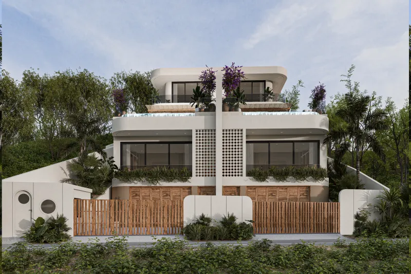 Render-led preview. The front elevation shows two villas divided by a central wall.