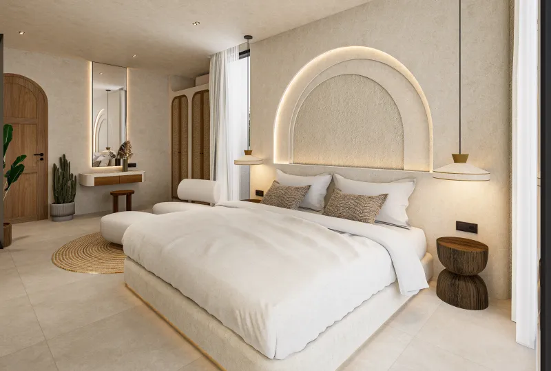 Architectural render of a bedroom with an illuminated arch, dressing table and window seating.