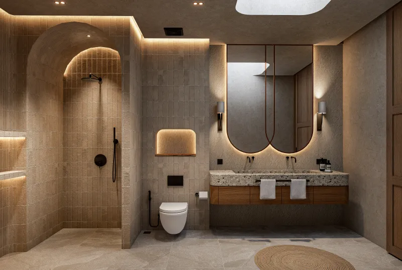 Architectural render of a bathroom with an arched shower and double vanity.