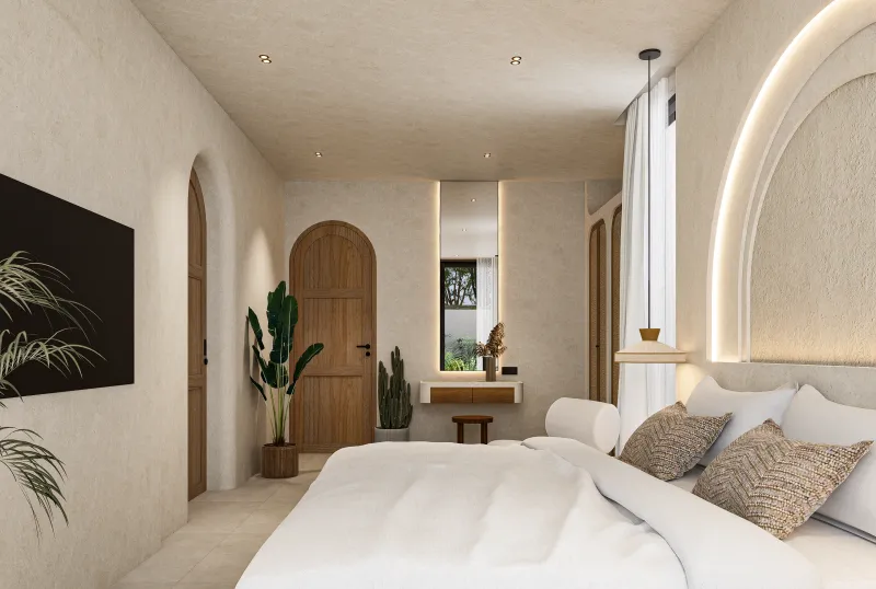 Architectural render of the bedroom seating, arched doorway and dressing table.