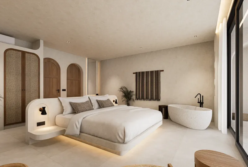 Architectural render of a bedroom with a freestanding bath beside full-height glazing.