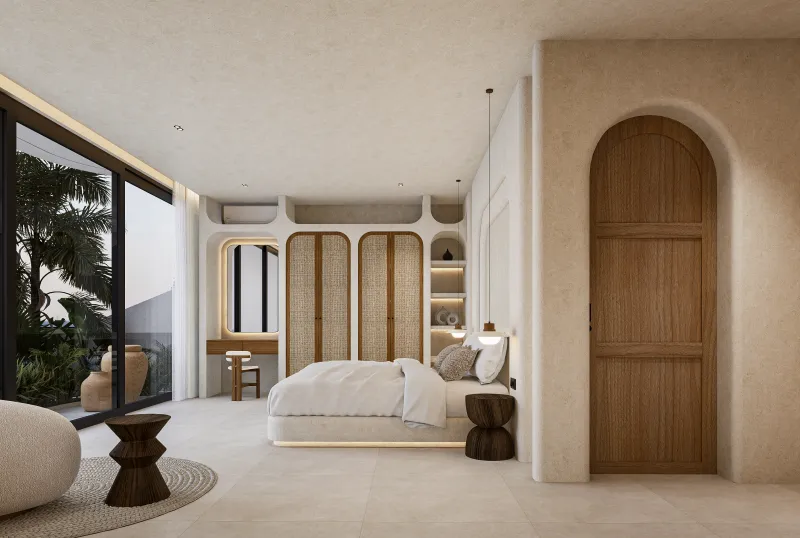 Architectural render of a bedroom with built-in seating and timber-framed wardrobe doors.