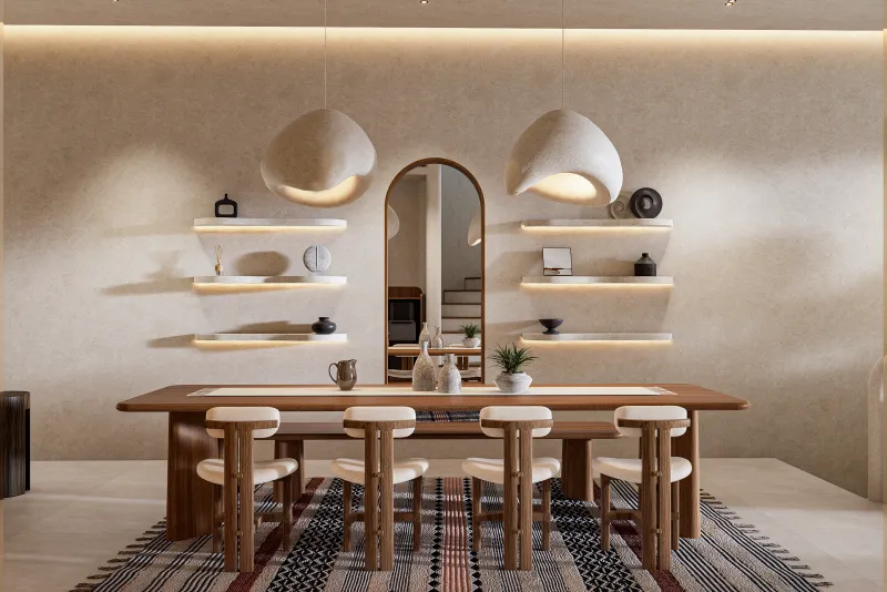 Architectural render of a dining table, pendant lights and recessed shelving.