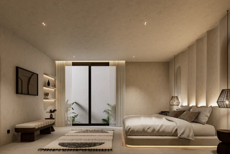Architectural render of a bedroom with pendant lights and full-height glazing.