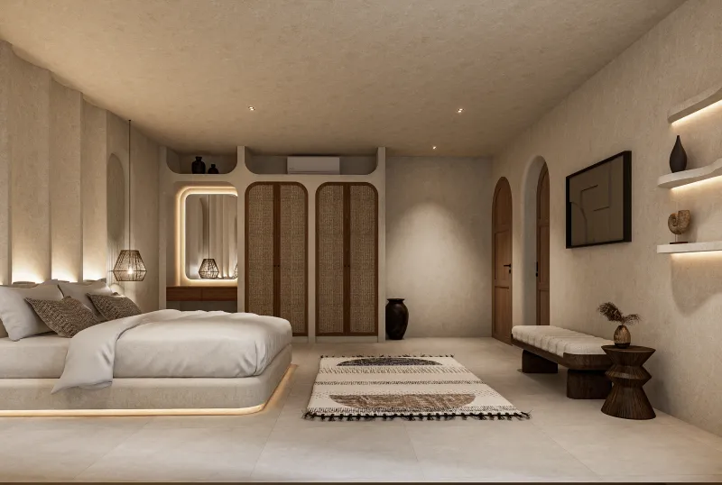 Architectural render of a bedroom with a wardrobe, dressing table and television console.