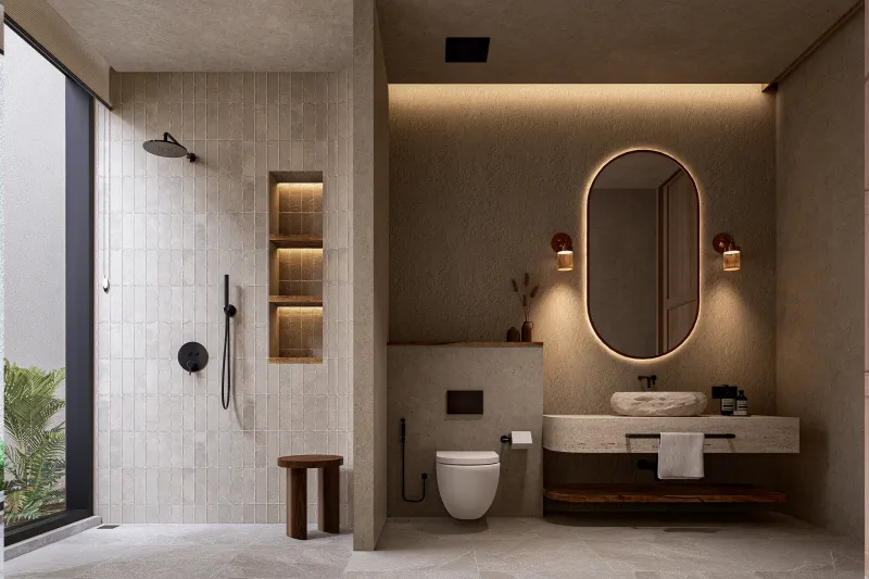 Architectural render of a bathroom with a walk-in shower, wall-mounted vanity and garden-facing glazing.