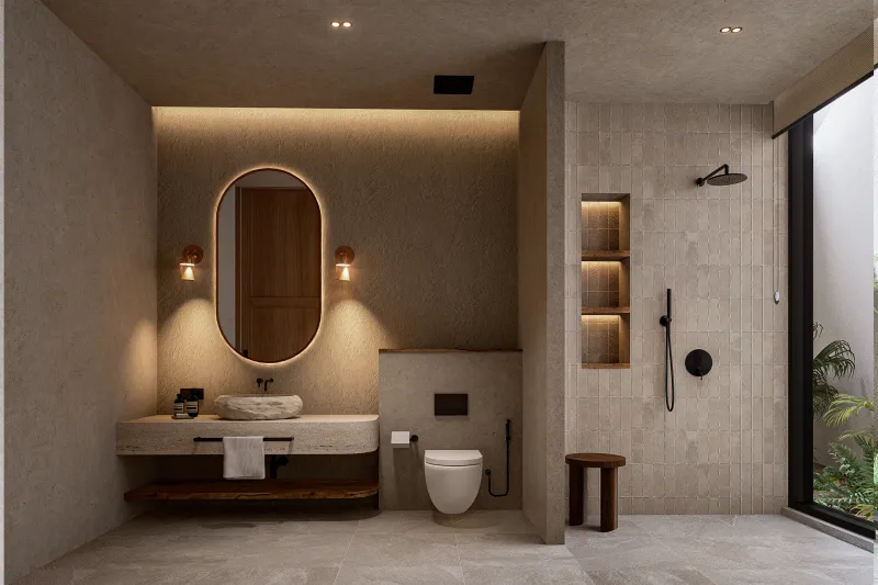 Architectural render of a tiled shower beside an arched mirror and wall-mounted vanity.