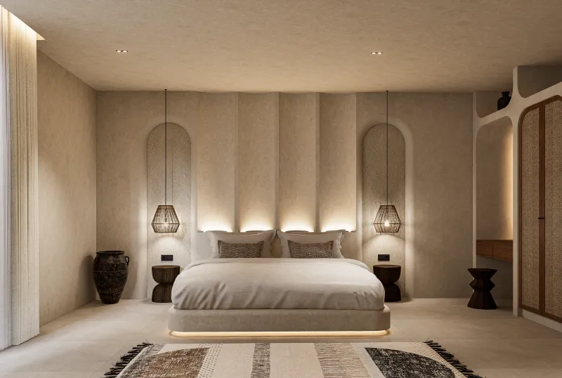 Architectural render of a bed framed by arched wall details and pendant lights.