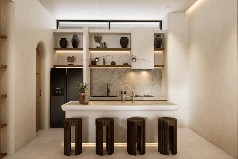 Architectural render of a kitchen island with stools, open shelves and an arched doorway.