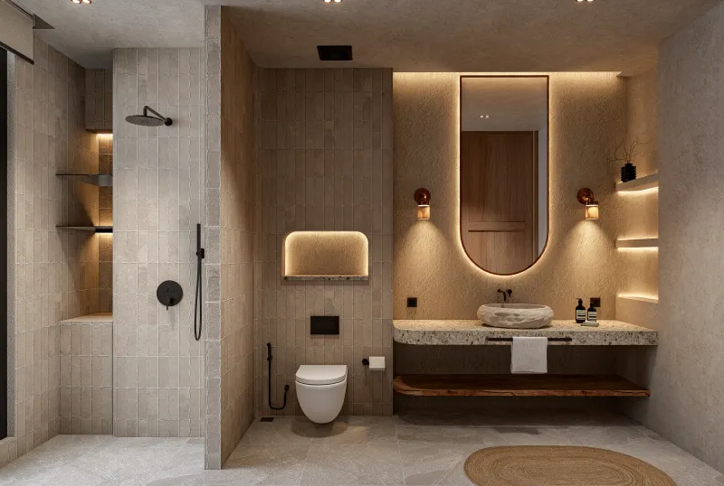 Architectural render of a recessed shower, stone-patterned vanity and wall lights.