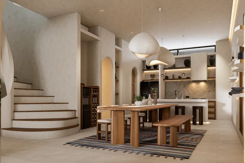 Architectural render of the dining area beside a curved stair and kitchen.