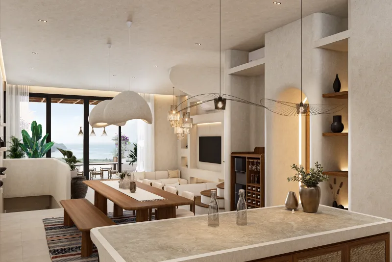 Architectural render looking from the kitchen through dining and living spaces towards the terrace.