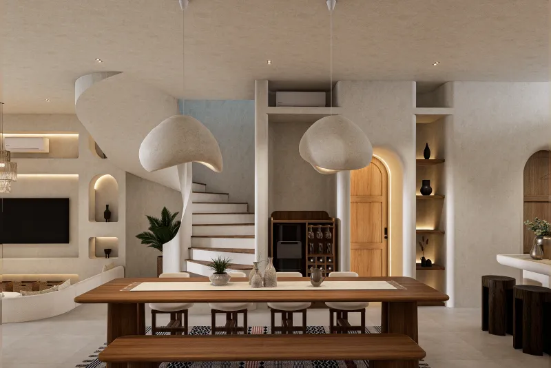 Architectural render of a dining table, curved stair and built-in drinks cabinet.