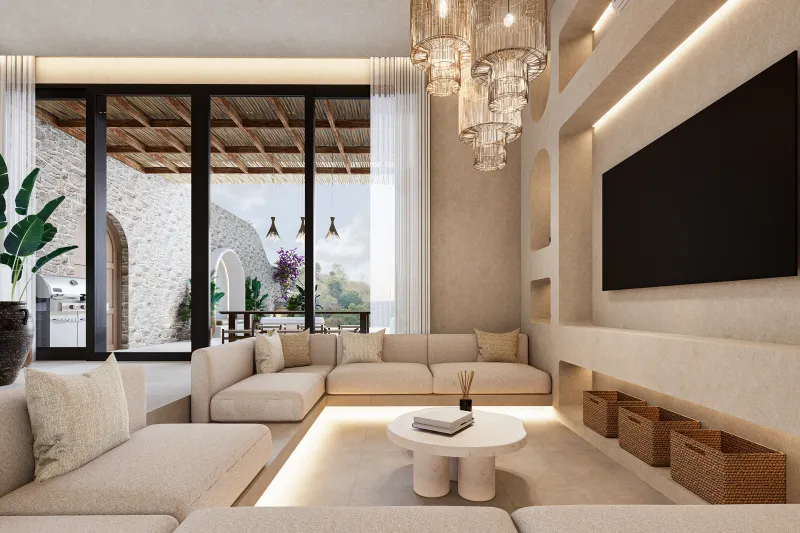 Architectural render of recessed seating beside glazed doors to the terrace.